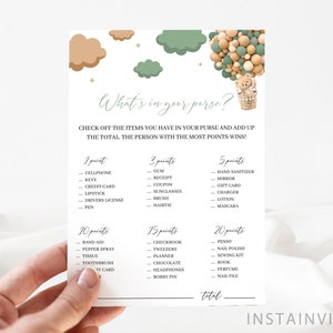 What&#39;s in Your Purse Baby Shower Game, Green Baby Shower Gender Neutral Brown Boho Teddy Bear Hot Balloon Theme, Instant Download GOB1