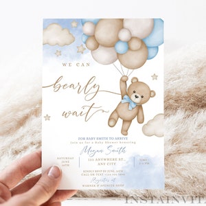 Invito per baby shower modificabile "We Can Bearly Wait" con orsetto di peluche, tema baby shower con orsetto marrone e blu, modello di download immediato BWB01