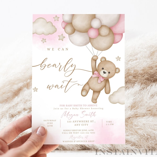 Editable Teddy Bear We Can Bearly Wait Baby Shower Invitation, Pink Girl Brown Boho Bear Theme Baby Shower, Instant Download Template PWB01