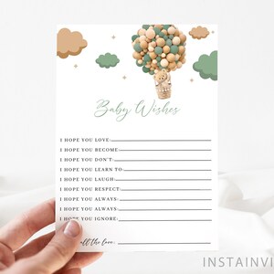 Baby Wishes Baby Shower Game, Teddy Bear Oh Baby Green Baby Shower, Gender Neutral Brown Boho Bear Hot Balloon Theme, Instant Download GOB1