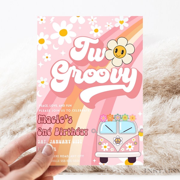 Editable Two Groovy Rainbow Groovy Invite 2nd Birthday Invite Pink Daisy Van Birthday Hippie Birthday Invite Instant Download GR3