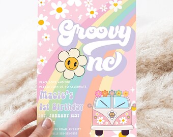 Bewerkbare Groovy One 1e verjaardag Rainbow Invite Retro hippie feestuitnodiging sjabloon Instant Download GR2