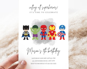 Editable Superhero Birthday Invitation Template Calling All Superheroes Printable Birthday Minimal Party Invitations Digital Kids Party SH1