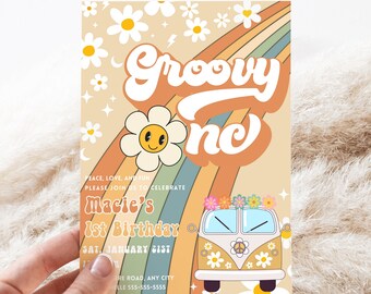 Bewerkbare Groovy One 1e verjaardag Rainbow uitnodigen Retro Hippie Party uitnodiging sjabloon Instant Download
