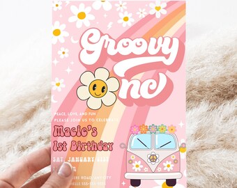 Bewerkbare Groovy One 1e verjaardag Rainbow uitnodigen Retro Hippie Party uitnodiging sjabloon Instant Download GR3