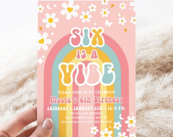 Editable Six Is A Vibe Rainbow Groovy Invite 6th Birthday Invite Pink Daisy Van Birthday Hippie Birthday Invite Instant Download