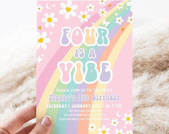 Editable Four Is A Vibe Rainbow Groovy Invite 4th Birthday Invite Pink Daisy Van Birthday Hippie Birthday Invite Instant Download GR4