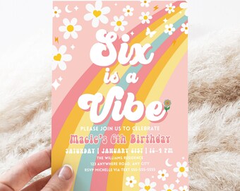 Editable Six Is A Vibe Rainbow Groovy Invite 6th Birthday Invite Pink Daisy Van Birthday Hippie Birthday Invite Instant Download GR1