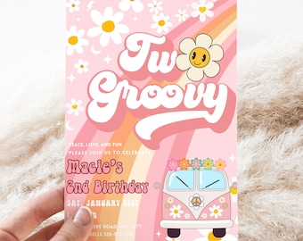 Editable Two Groovy Rainbow Groovy Invite 2nd Birthday Invite Pink Daisy Van Birthday Hippie Birthday Invite Instant Download GR3