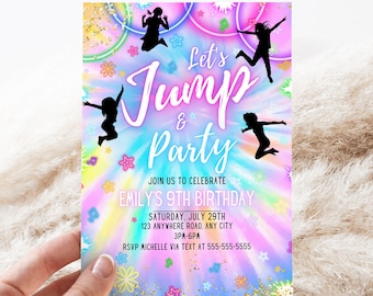 Editable Jump Party Birthday Invitation Glowing Tie Dye Glow Jump Trampoline Birthday Party Neon Glow Let&#39;s Jump Party Instant Download