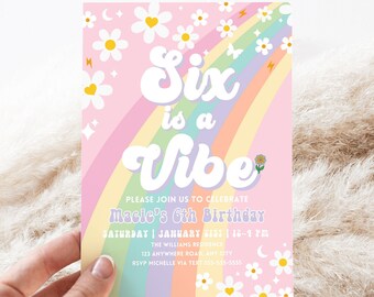 Editable Six Is A Vibe Rainbow Groovy Invite 6th Birthday Invite Pink Daisy Van Birthday Hippie Birthday Invite Instant Download GR2