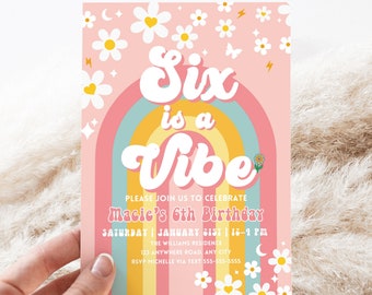 Editable Six Is A Vibe Rainbow Groovy Invite 6th Birthday Invite Pink Daisy Van Birthday Hippie Birthday Invite Instant Download GR1