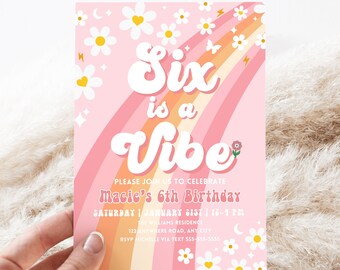 Editable Six Is A Vibe Rainbow Groovy Invite 6th Birthday Invite Pink Daisy Van Birthday Hippie Birthday Invite Instant Download GR3