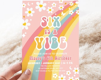 Editable Six Is A Vibe Rainbow Groovy Invite 6th Birthday Invite Pink Daisy Van Birthday Hippie Birthday Invite Instant Download GR5