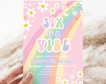Editable Six Is A Vibe Rainbow Groovy Invite 6th Birthday Invite Pink Daisy Van Birthday Hippie Birthday Invite Instant Download GR4