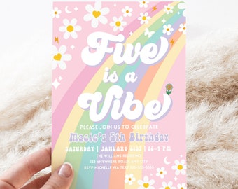 Editable Five Is A Vibe Rainbow Groovy Invite 5th Birthday Invite Pink Daisy Van Birthday Hippie Birthday Invite Instant Download GR2