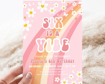Editable Six Is A Vibe Rainbow Groovy Invite 6th Birthday Invite Pink Daisy Van Birthday Hippie Birthday Invite Instant Download GR6