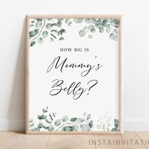 Quão grande é o sinal e cartão da barriga da mamãe, Oh Baby Eucalyptus Green Baby Shower, Greenery Gênero Neutro Mínimo Boho, Download instantâneo OBE1