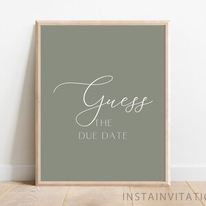Devinez la date d'échéance signe & carte, baby shower de bébé garçon, thème bébé Boho minimal neutre vert olive garçon, téléchargement immédiat modèle OBB3