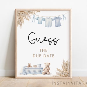 Devinez la date d'échéance signe & carte, baby shower garçon bleu ours en peluche, corde à linge bébé thème herbe de la pampa bleu bohème, téléchargement immédiat CLBB1