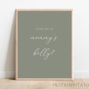Quão grande é o sinal e cartão da barriga da mamãe, chá de bebê doce menino, tema Boho neutro mínimo verde-oliva, modelo de download instantâneo OBB3