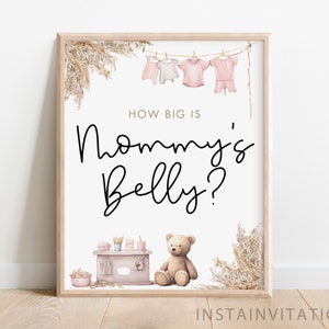 Qual é o tamanho do sinal e cartão da barriga da mamãe, chá de bebê da menina ursinho de pelúcia, varal de bebê grama de pampas rosa para impressão, download instantâneo CLBG1