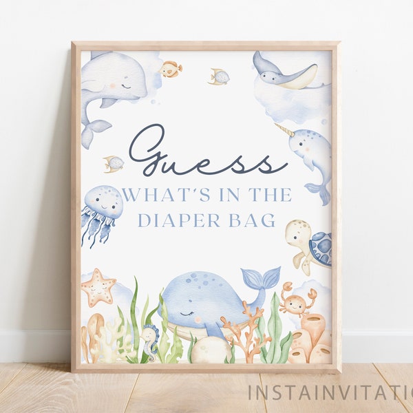 Guess What's in the Diaper Bag Sign & Card, Under The Sea Ocean Animals Baby Shower Ocean Blue Sea Animal Nautical, Instant Download OTS1