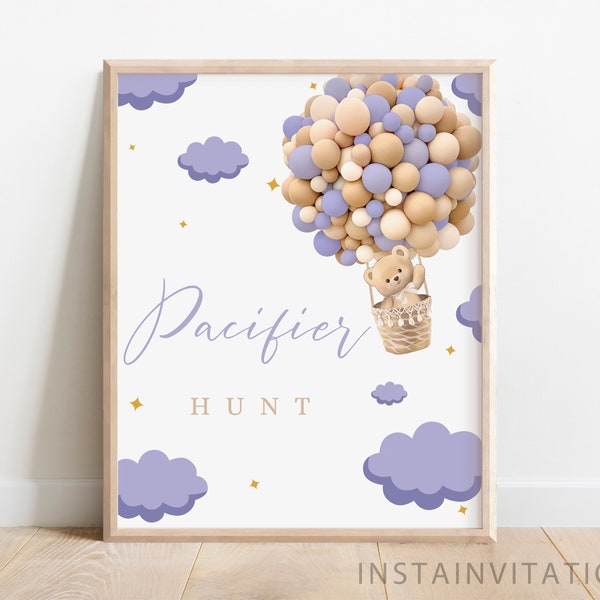 Pacifier Hunt Sign, Oh Baby Teddy Bear Purple Baby Shower, Gender Neutral Lavender Brown Boho Bear Hot Balloon Theme, Instant Download PUOB1