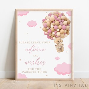 Placa e cartão de conselhos e desejos, Oh Baby Teddy Bear Pink Baby Shower, Girl Pink Brown Boho Bear Tema de balão de ar quente, download instantâneo PIOB1
