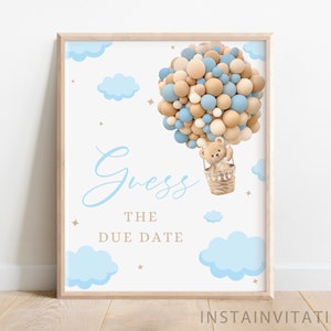 Devinez la date d'échéance signe & carte baby shower bleu bébé, thème montgolfière ours bohème bleu brun garçon, téléchargement immédiat BLOB1