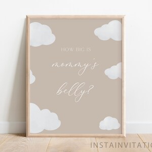 Quão grande é o sinal e cartão da barriga da mamãe, Oh Baby Bege Marrom Nuvem Chá de bebê Gênero Neutro Boho Mínimo, para impressão Download instantâneo BC1