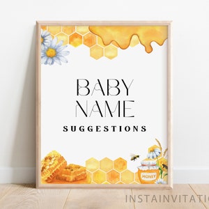 Baby Name Suggestions Sign & Card, A Little Honey is on the Way Baby Shower, Honey Bee Gender Neutral Minimal Yellow, Instant Download HB1