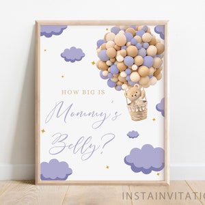 Cartão e placa de barriga da mamãe, quão grande é, chá de bebê roxo, gênero neutro, lavanda, marrom, ursinho de pelúcia, balão quente, download instantâneo PUOB1