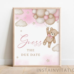 Devinez la date d'échéance signe & carte Ours en peluche We can Bearly Wait Baby Shower, ballon de baby shower fille rose bohème ours, téléchargement immédiat PWB01