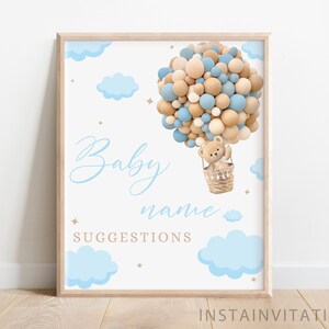 Namen Vorschläge Schild & Karte Teddybär Oh Baby blau Babyparty, Junge blau braun Boho Bär Heißluftballon Thema, Instant Download BLOB1
