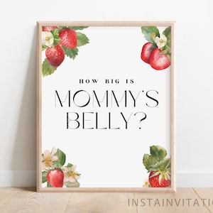 Qual o tamanho da barriga da mamãe Placa e cartão, Um chá de bebê doce com frutas vermelhas, Tema minimalista neutro de gênero de morango, Download instantâneo para impressão SBS1