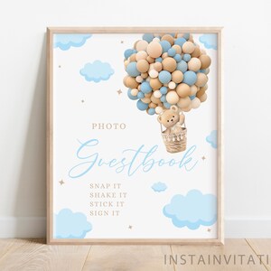 Foto Gästebuch Schild Teddybär Oh Baby Blau Babyparty, Junge Blau Braun Boho Bär Heißballon Thema Dusche, Instant Download BLOB1