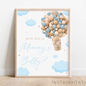Quão grande é o sinal e cartão da barriga da mamãe Urso de pelúcia azul chá de bebê, menino azul marrom boho urso tema balão quente, download instantâneo BLOB1