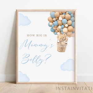 Quão grande é o sinal e o cartão da barriga da mamãe, ursinho de pelúcia, podemos esperar com paciência, chá de bebê, chuveiro de urso de balão quente azul Boho, download instantâneo OHB01