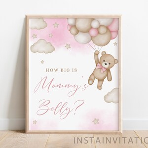 Quão grande é o sinal e o cartão da barriga da mamãe, ursinho de pelúcia, podemos esperar com paciência, chá de bebê, chá de bebê com tema de urso de balão rosa, download instantâneo PWB01