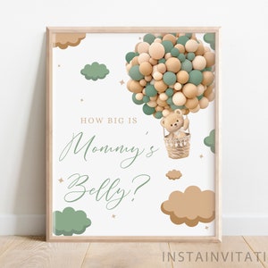 Quão grande é o sinal e o cartão da barriga da mamãe, chá de bebê verde, gênero neutro, oliva, marrom, boho, urso, tema de balão quente, download instantâneo GOB1