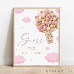 Adivinhe o sinal e o cartão da data de vencimento, Oh Baby Teddy Bear Pink Baby Shower, Girl Pink Brown Boho Bear Tema de balão de ar quente, download instantâneo PIOB1