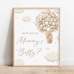 Quão grande é o sinal e cartão da barriga da mamãe, chá de bebê bege, chá de bebê com tema de balão quente de urso marrom neutro de gênero, download instantâneo BEOB1