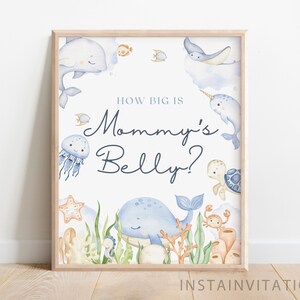 Quão grande é o sinal e cartão da barriga da mamãe, Under The Sea Ocean Animals Chá de bebê Oceano Azul Sea Animal Menino Náutico, Download instantâneo OTS1
