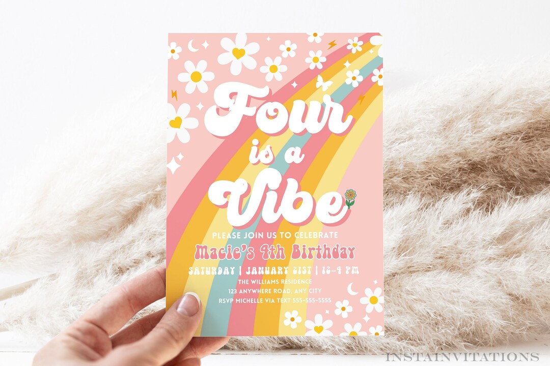 Editable Four is A Vibe Rainbow Groovy Invite 4th Birthday Invite Pink ...