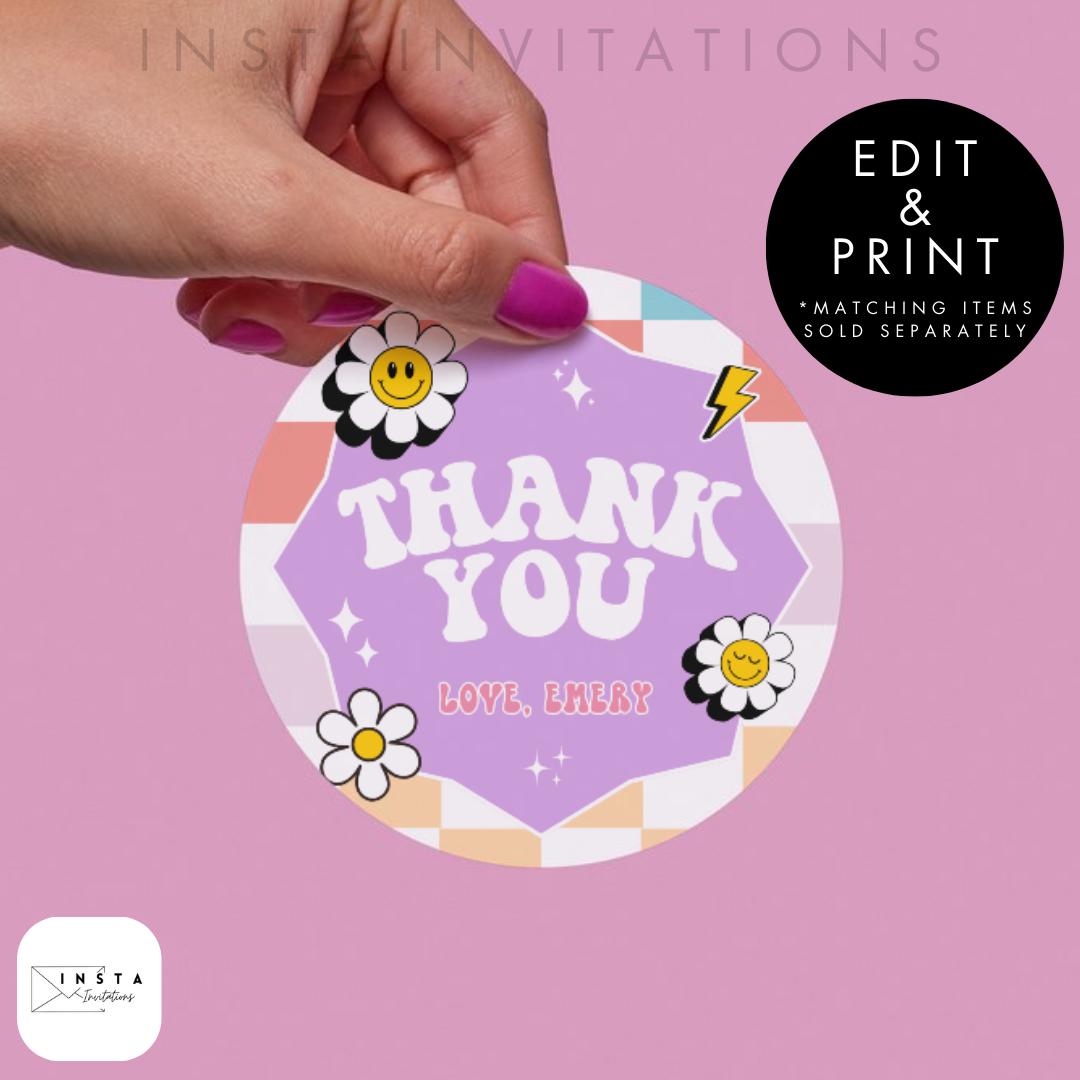 Editable Checkered Smiley Face Groovy Retro Birthday Thank You Tag Sticker, Emoji Girl Teen Tween Party Birthday, Instant Download GRP00
