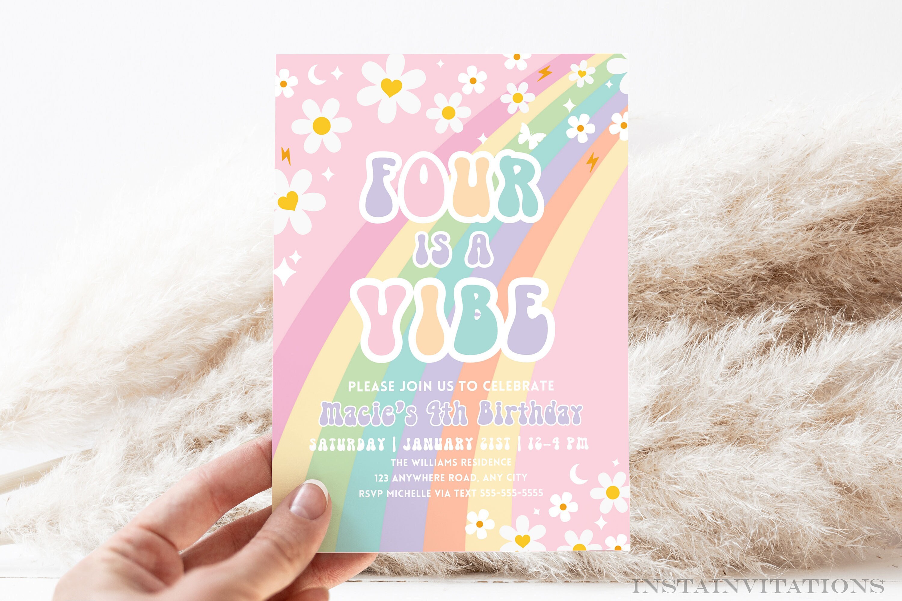 Editable Four is A Vibe Rainbow Groovy Invite 4th Birthday Invite Pink ...