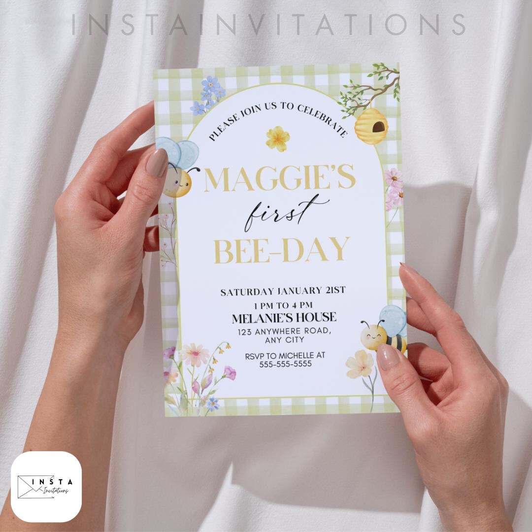 Editable 1st Bee Day Birthday Invitation First Girl Floral Birthday ...