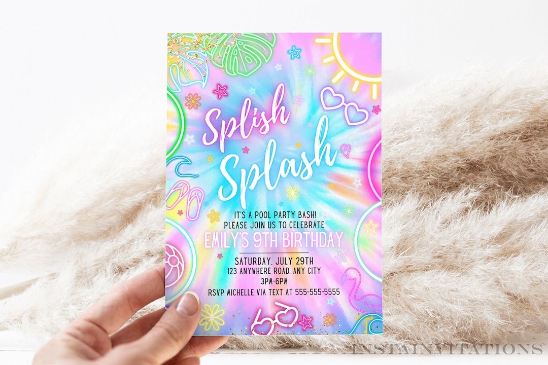 Editable Splish Splash Pool Party Birthday Invitation Glowing Tie Dye ...