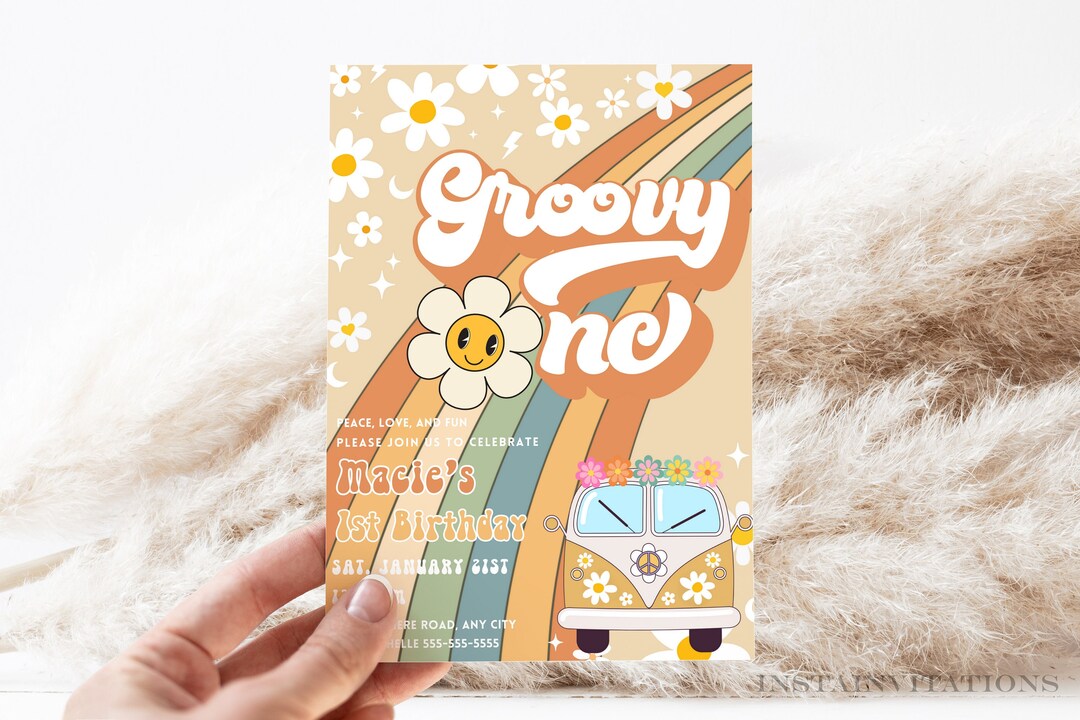 Editable Groovy One 1st Birthday Rainbow Invite Retro Hippie Party ...